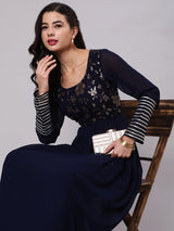 Navy Blue Sequined Box Pleated Maxi Dress - Elganza