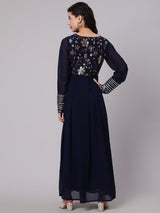 Navy Blue Sequined Box Pleated Maxi Dress - Elganza
