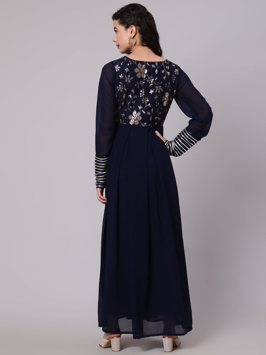 Navy Blue Sequined Box Pleated Maxi Dress - Elganza