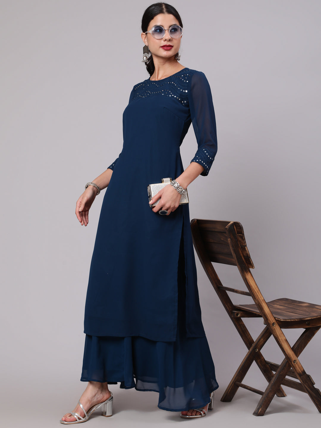 Blue Mirror Work Straight Kurta - Elganza
