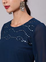 Blue Mirror Work Straight Kurta - Elganza