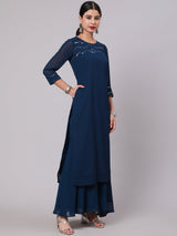 Blue Mirror Work Straight Kurta - Elganza