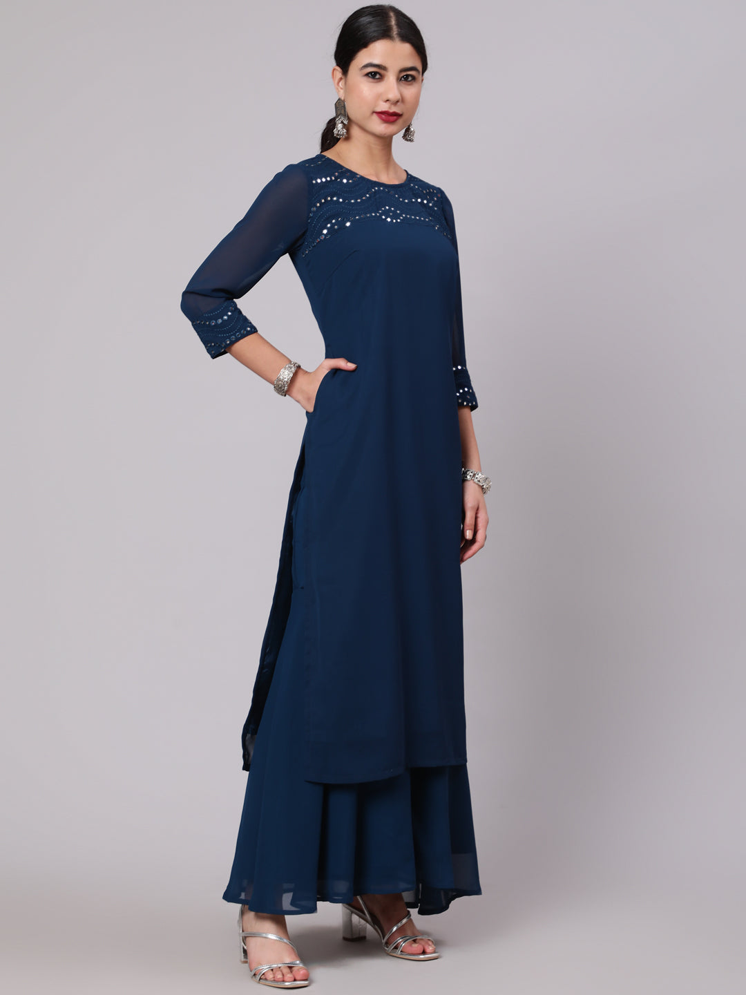 Blue Mirror Work Straight Kurta - Elganza