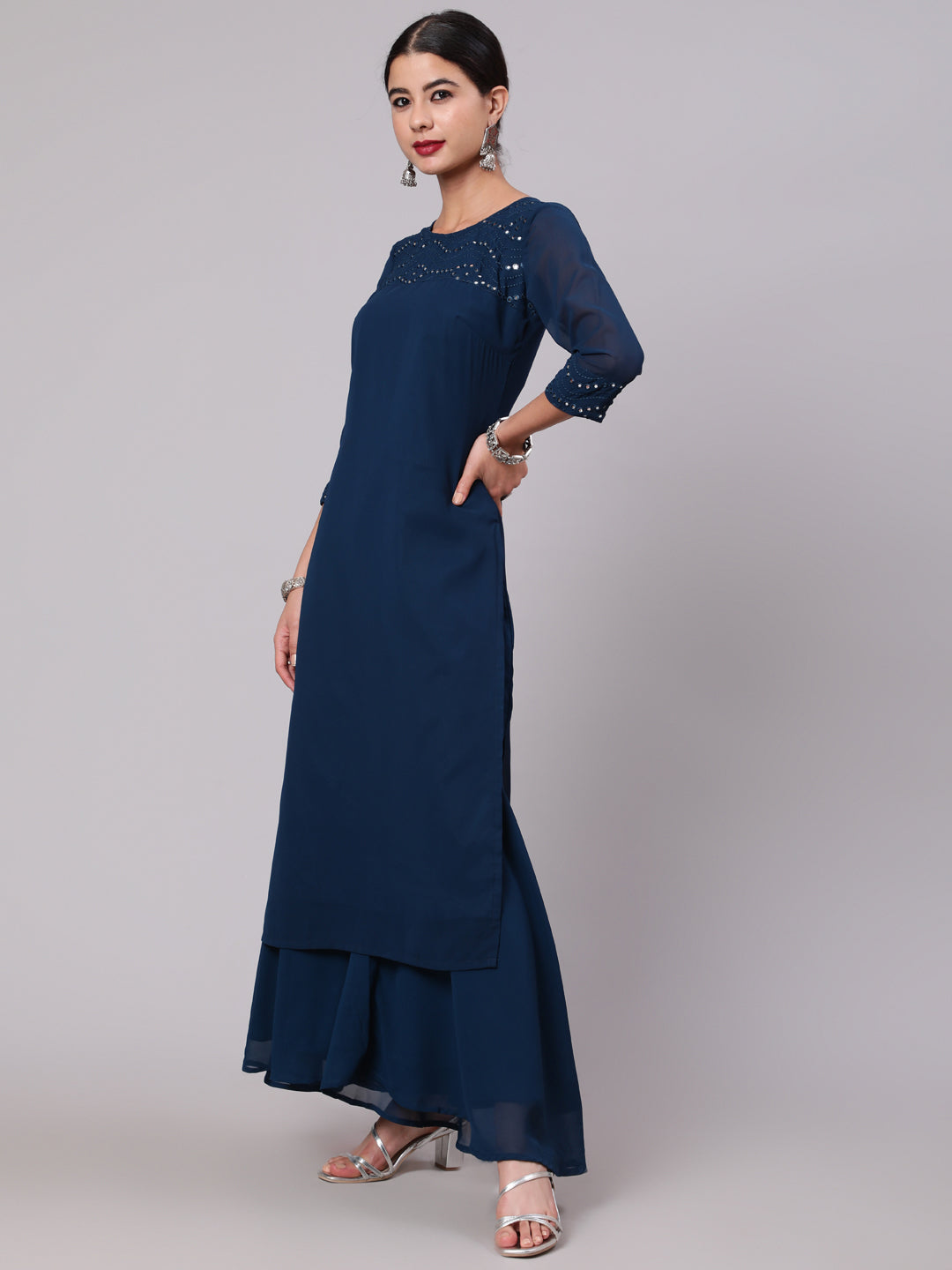 Blue Mirror Work Straight Kurta - Elganza