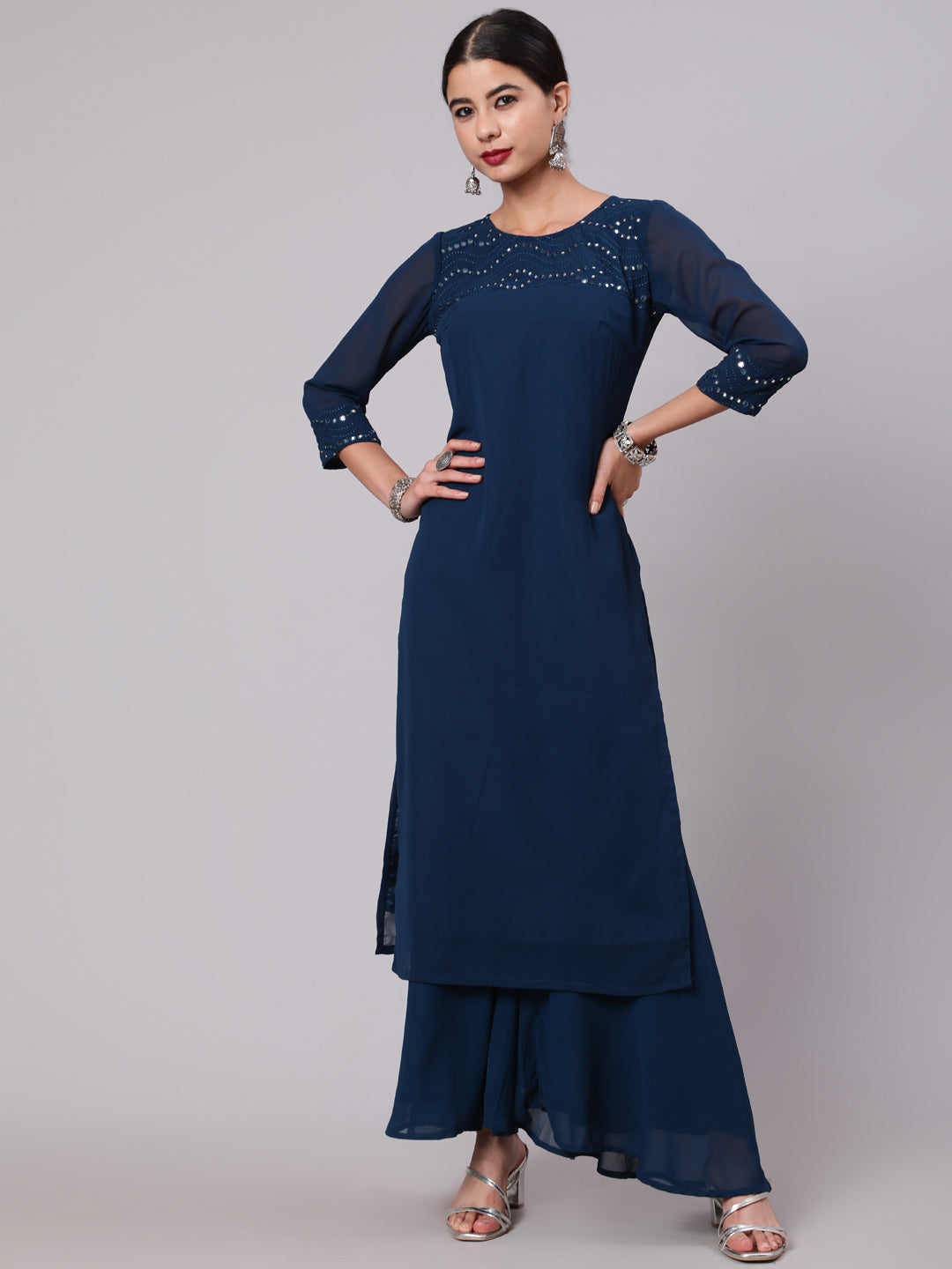 Blue Mirror Work Straight Kurta - Elganza