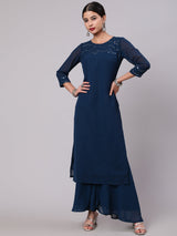 Blue Mirror Work Straight Kurta - Elganza