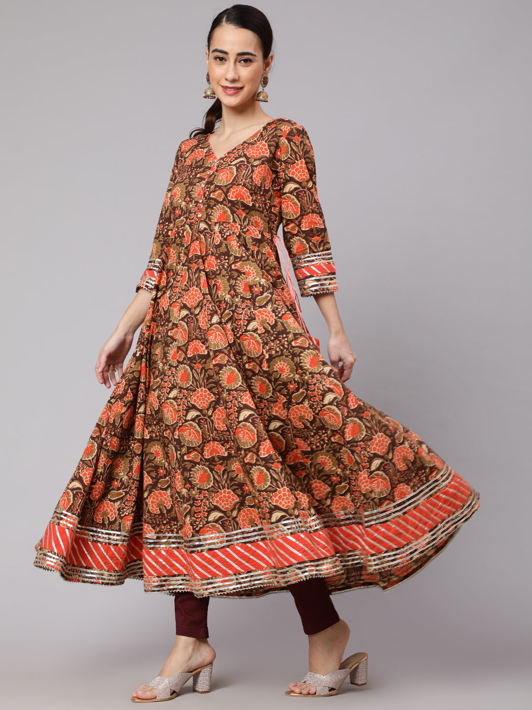 Brown Floral Print Anarkali With Dupatta - Elganza