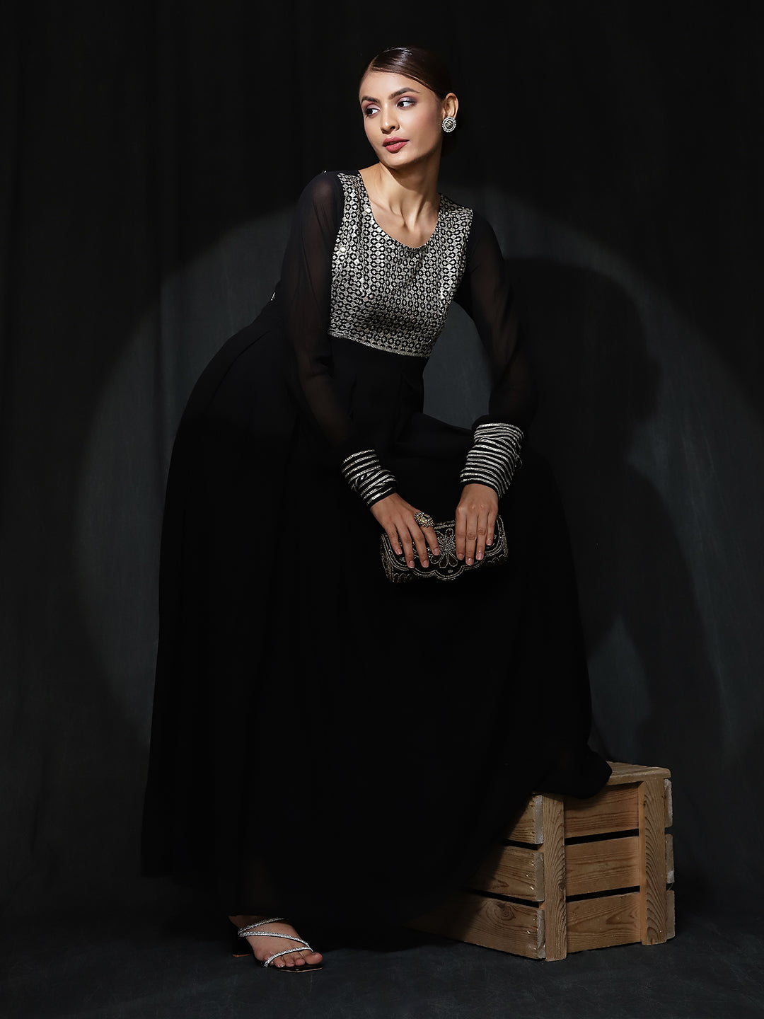 Black Sequin Box Pleated Maxi Dress - Elganza