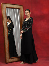 Black Floral Embroidered Kurta - Elganza