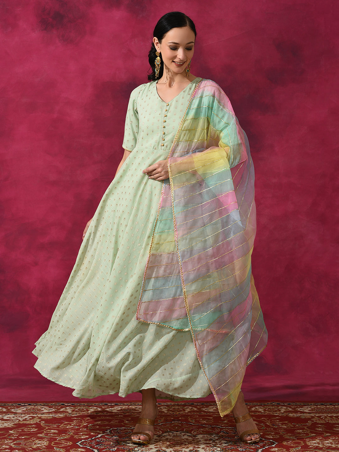 Green Flared Maxi Dress With Dupatta & Belt - Elganza
