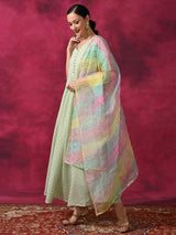Green Flared Maxi Dress With Dupatta & Belt - Elganza