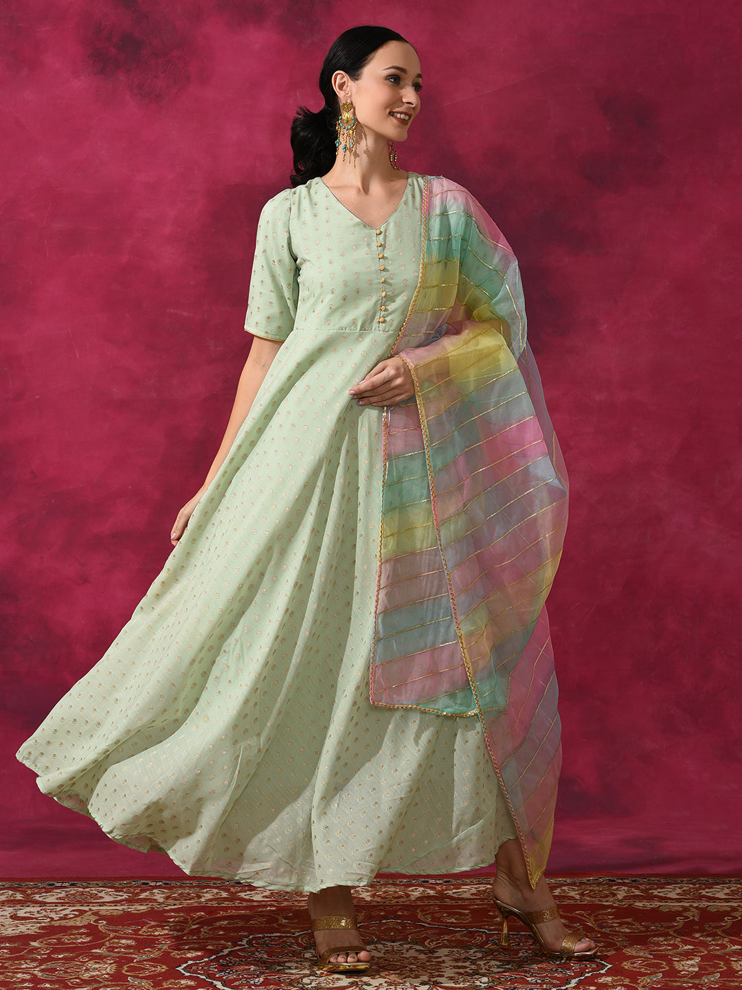 Green Flared Maxi Dress With Dupatta & Belt - Elganza