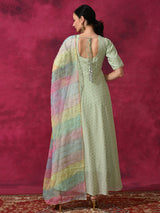 Green Flared Maxi Dress With Dupatta & Belt - Elganza