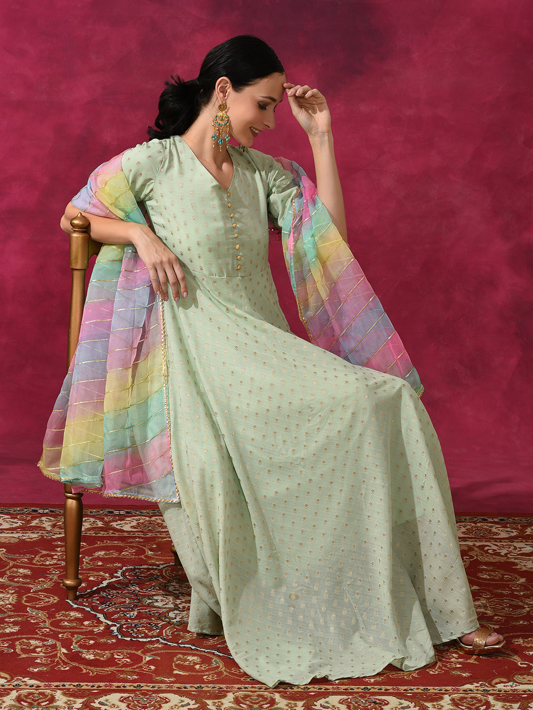 Green Flared Maxi Dress With Dupatta & Belt - Elganza