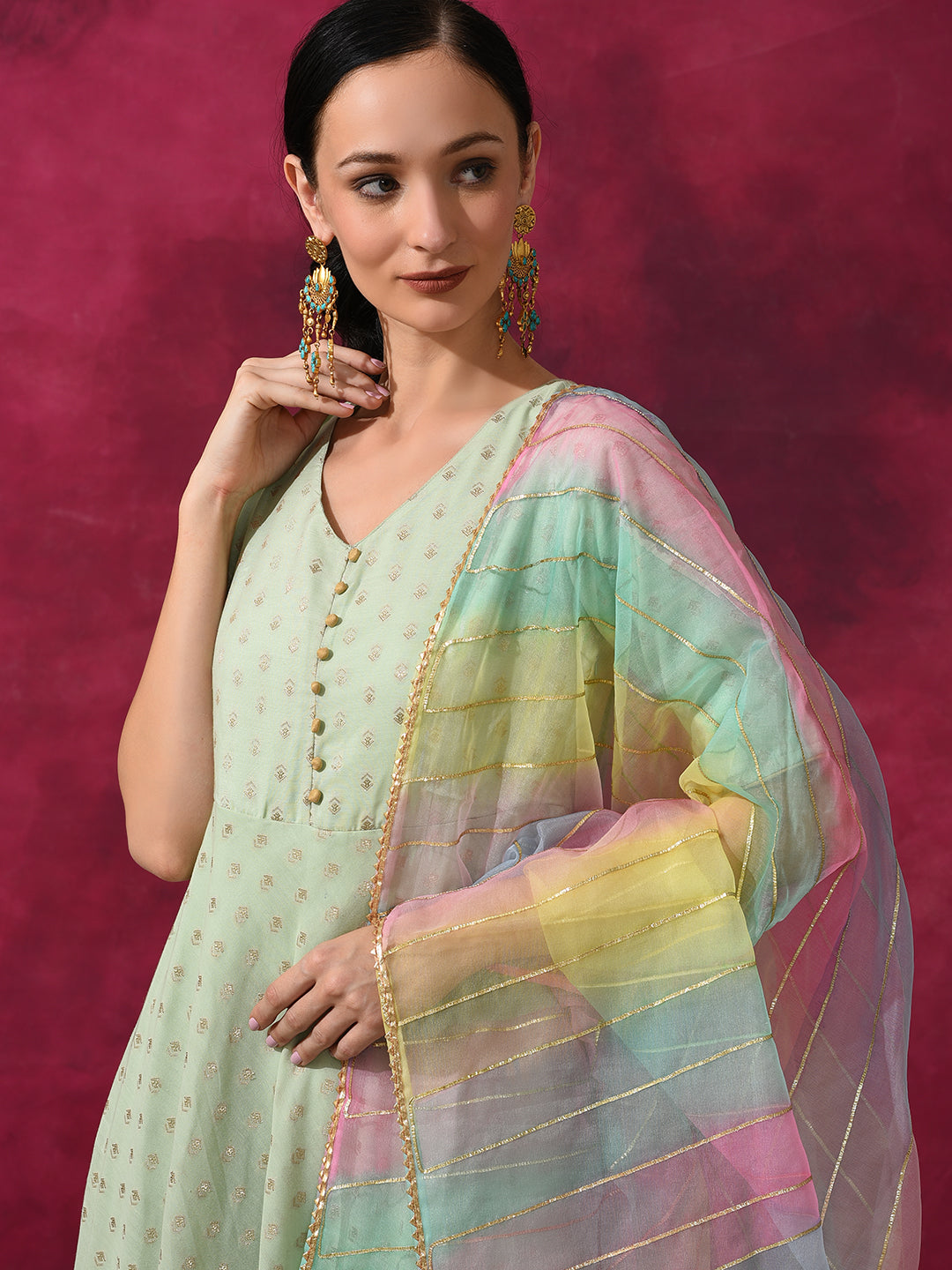 Green Flared Maxi Dress With Dupatta & Belt - Elganza