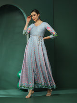 Blue Pichwai Print Box Pleated Maxi Dress - Elganza