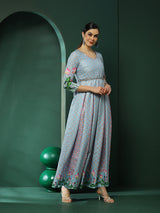 Blue Pichwai Print Box Pleated Maxi Dress - Elganza