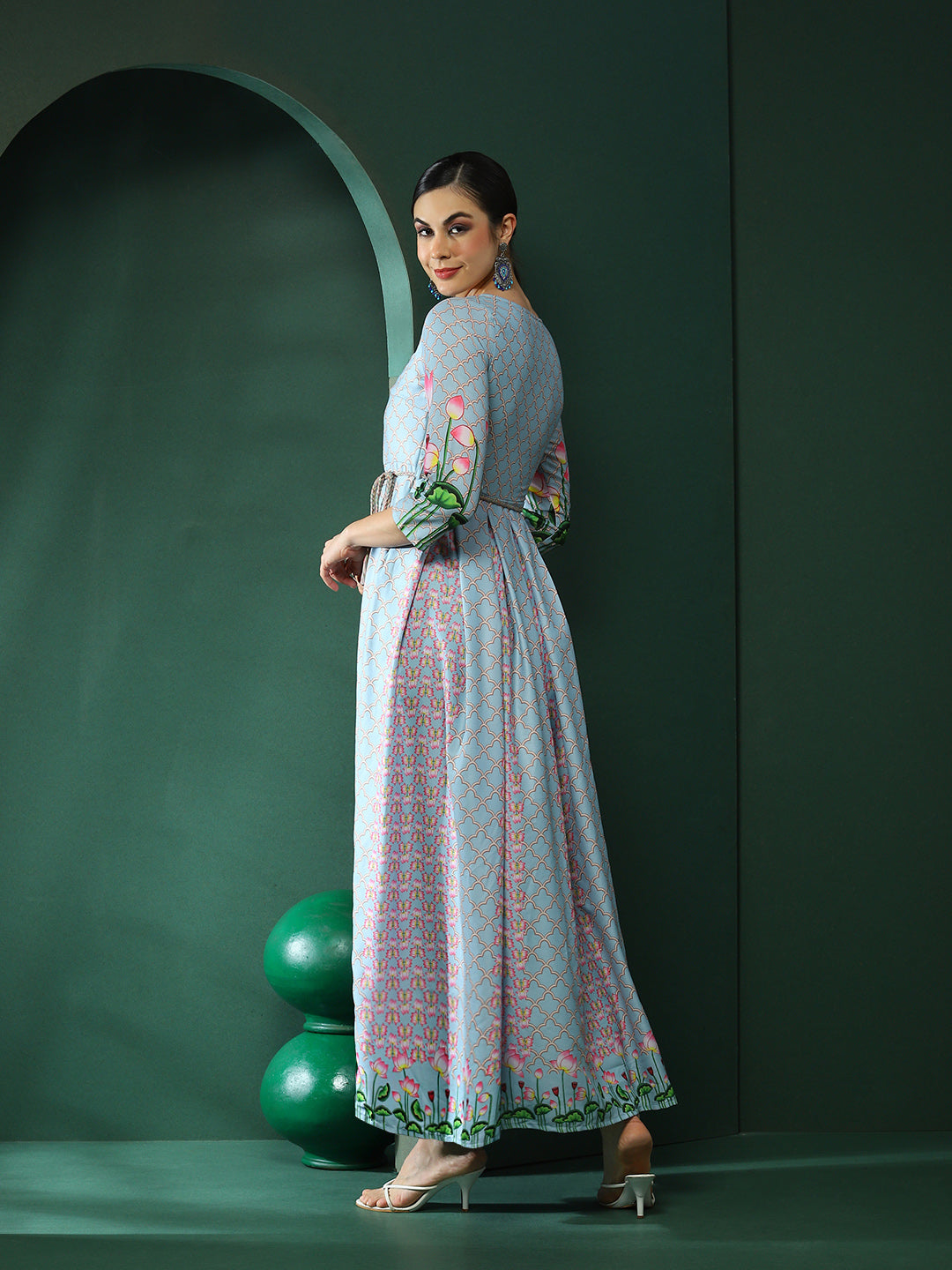 Blue Pichwai Print Box Pleated Maxi Dress - Elganza