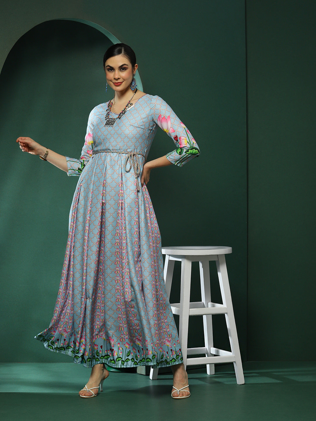 Blue Pichwai Print Box Pleated Maxi Dress - Elganza