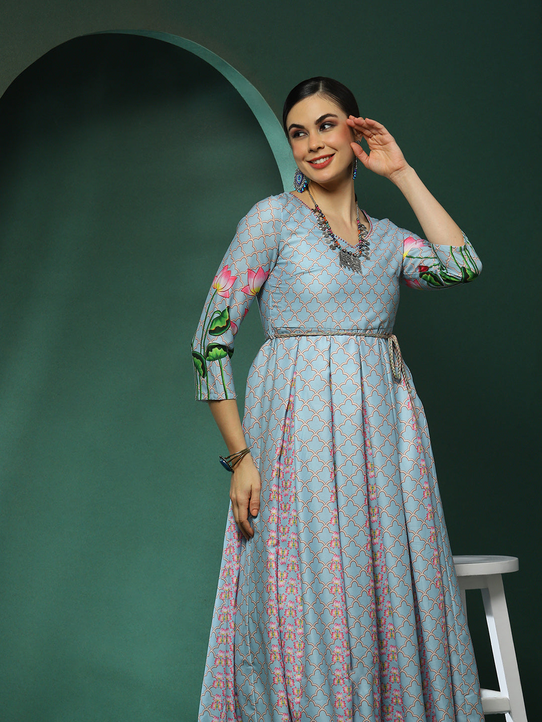 Blue Pichwai Print Box Pleated Maxi Dress - Elganza