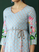 Blue Pichwai Print Box Pleated Maxi Dress - Elganza