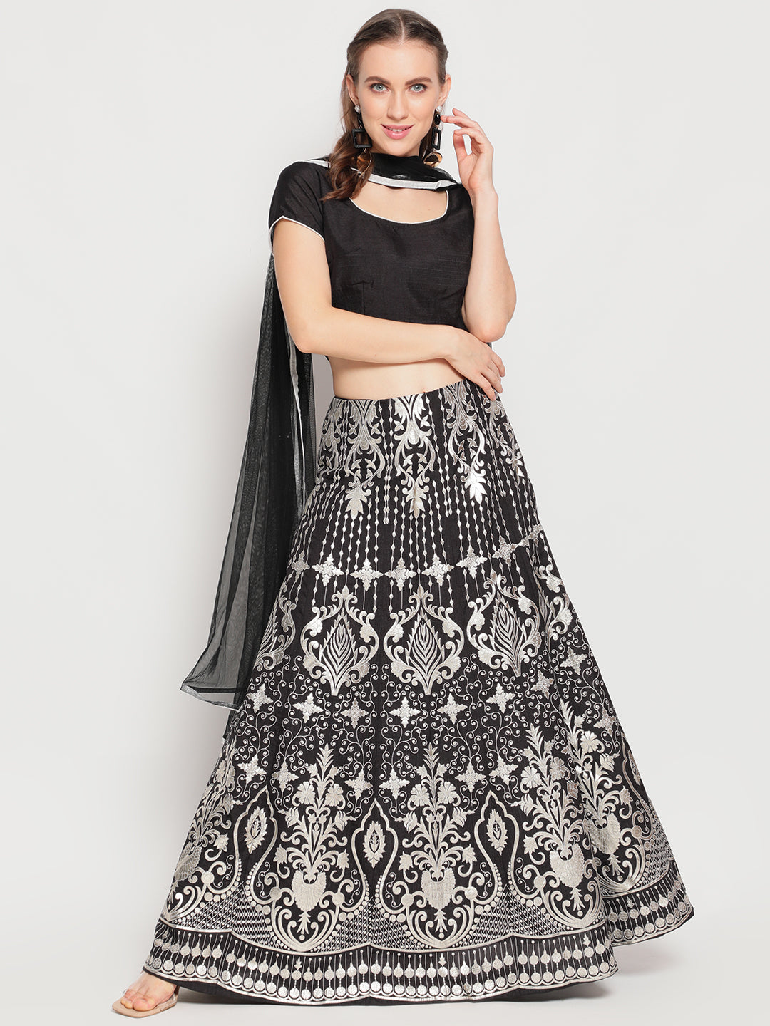 Black Foil Print Lehenga Choli With Dupatta - Elganza