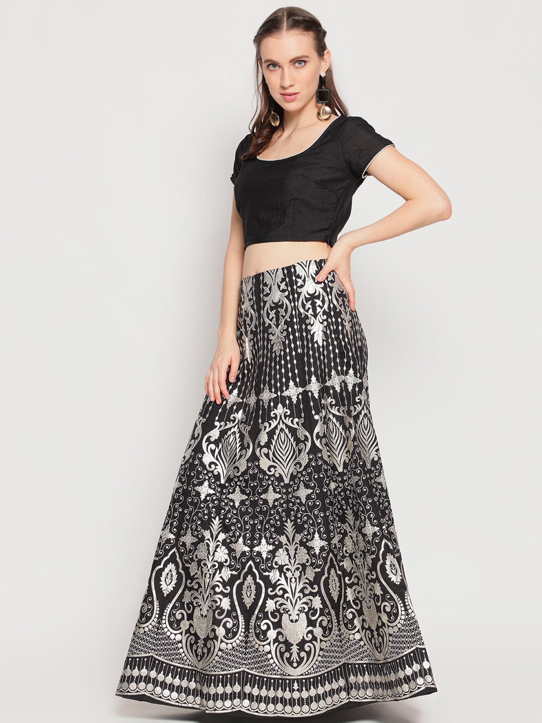 Black Foil Print Lehenga Choli With Dupatta - Elganza