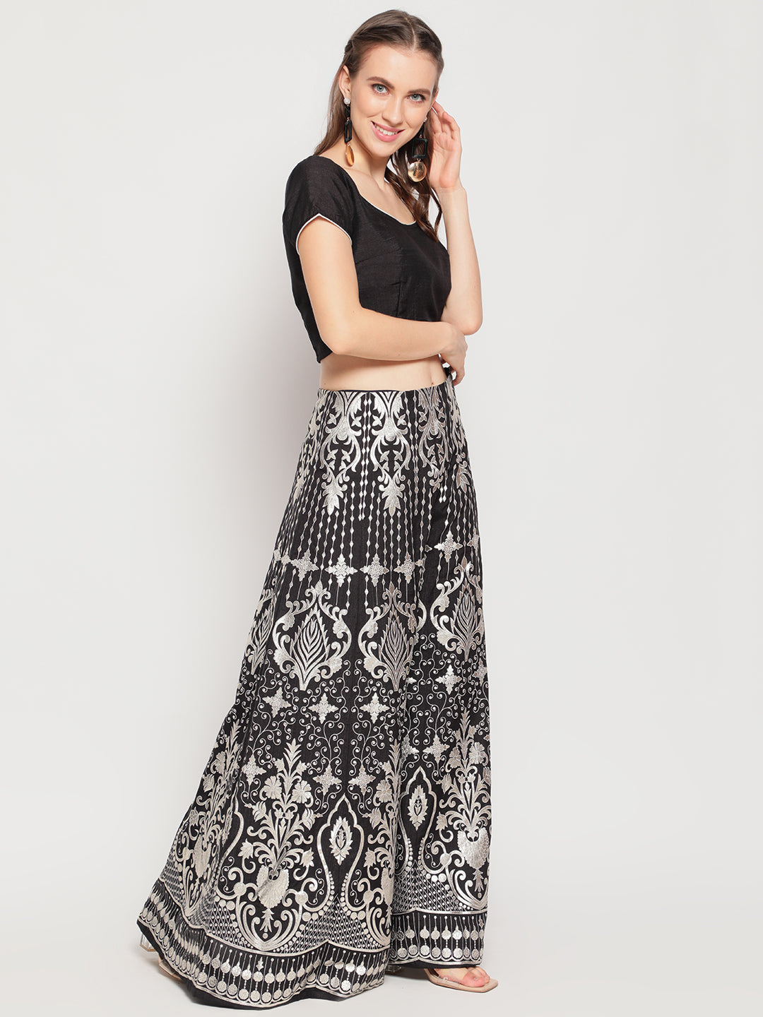 Black Foil Print Lehenga Choli With Dupatta - Elganza