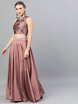 Mauve Flock Print Lehenga Choli With Dupatta - Elganza