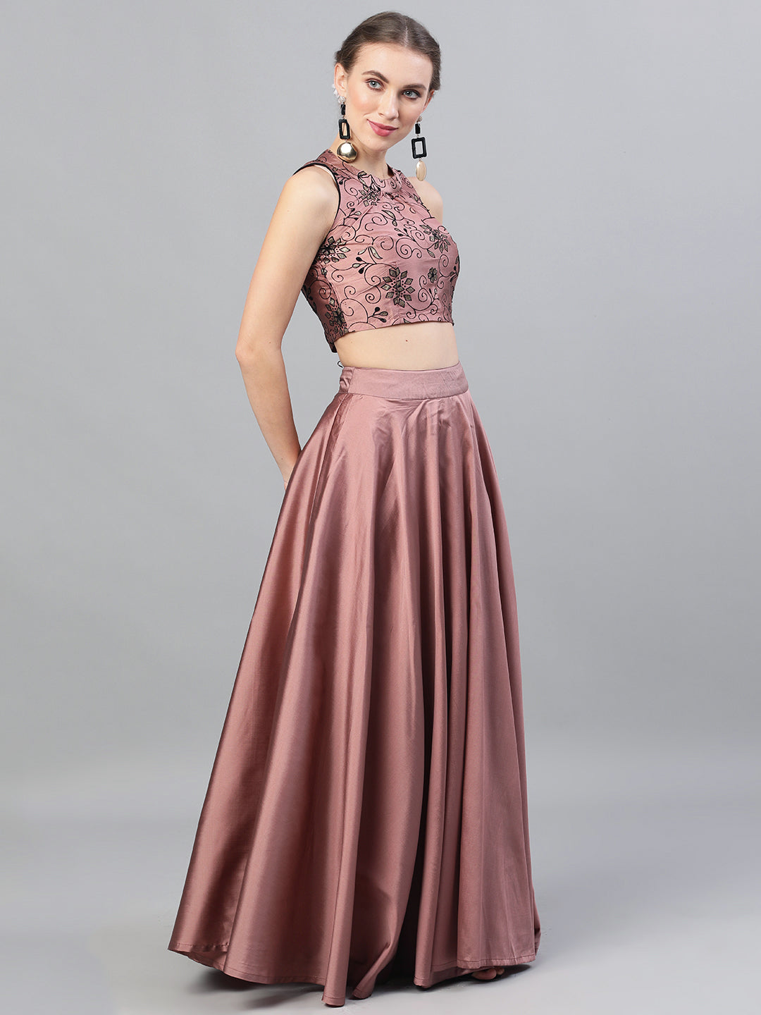 Mauve Flock Print Lehenga Choli With Dupatta - Elganza