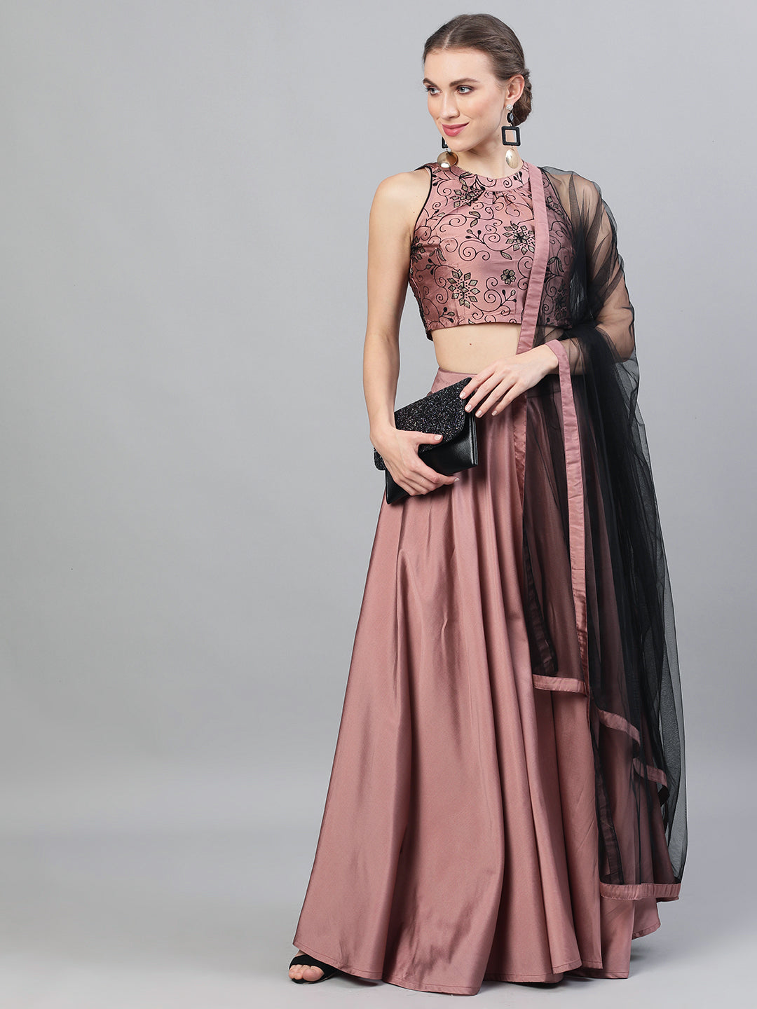 Mauve Flock Print Lehenga Choli With Dupatta - Elganza