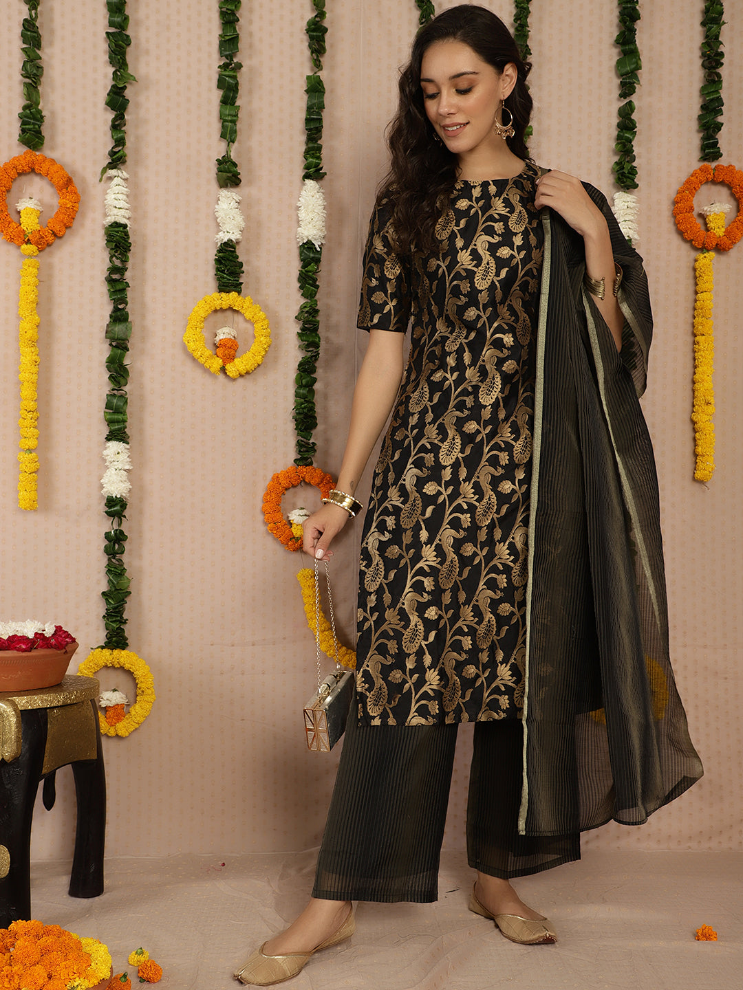 Black Jacquard Kurta Palazzo With Dupatta - Elganza