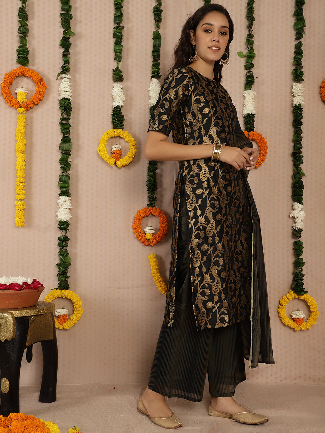 Black Jacquard Kurta Palazzo With Dupatta - Elganza