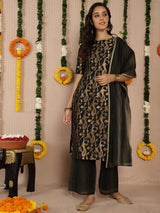 Black Jacquard Kurta Palazzo With Dupatta - Elganza