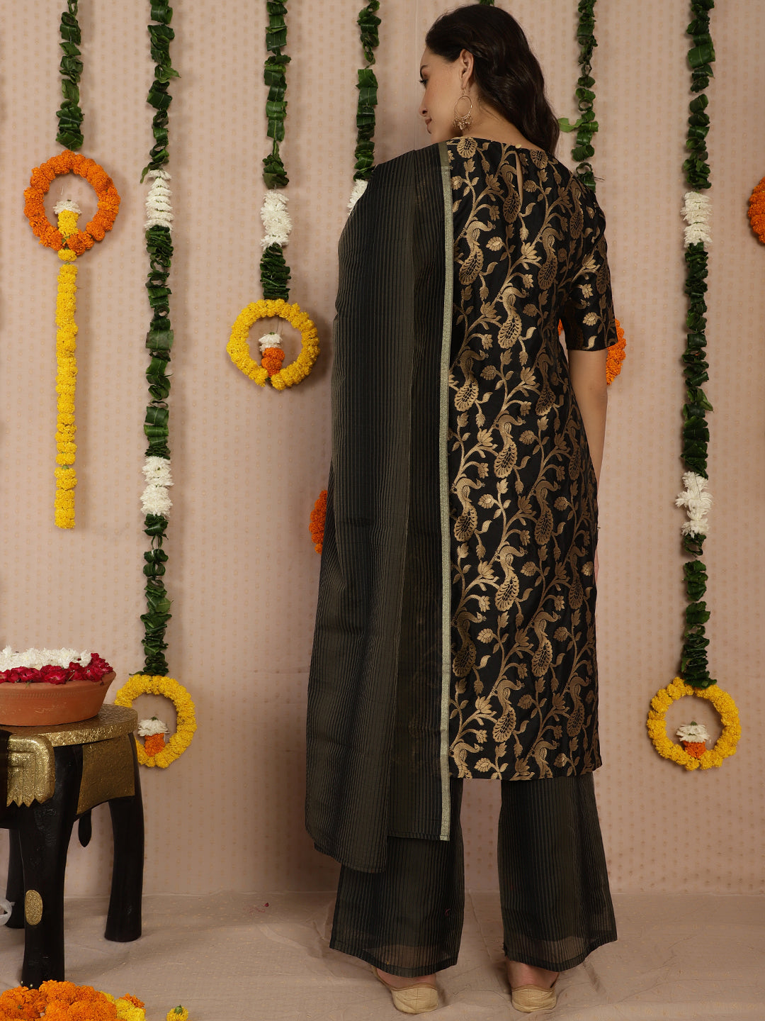 Black Jacquard Kurta Palazzo With Dupatta - Elganza