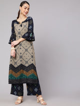Navy Blue Printed Straight Kurta Set - Elganza