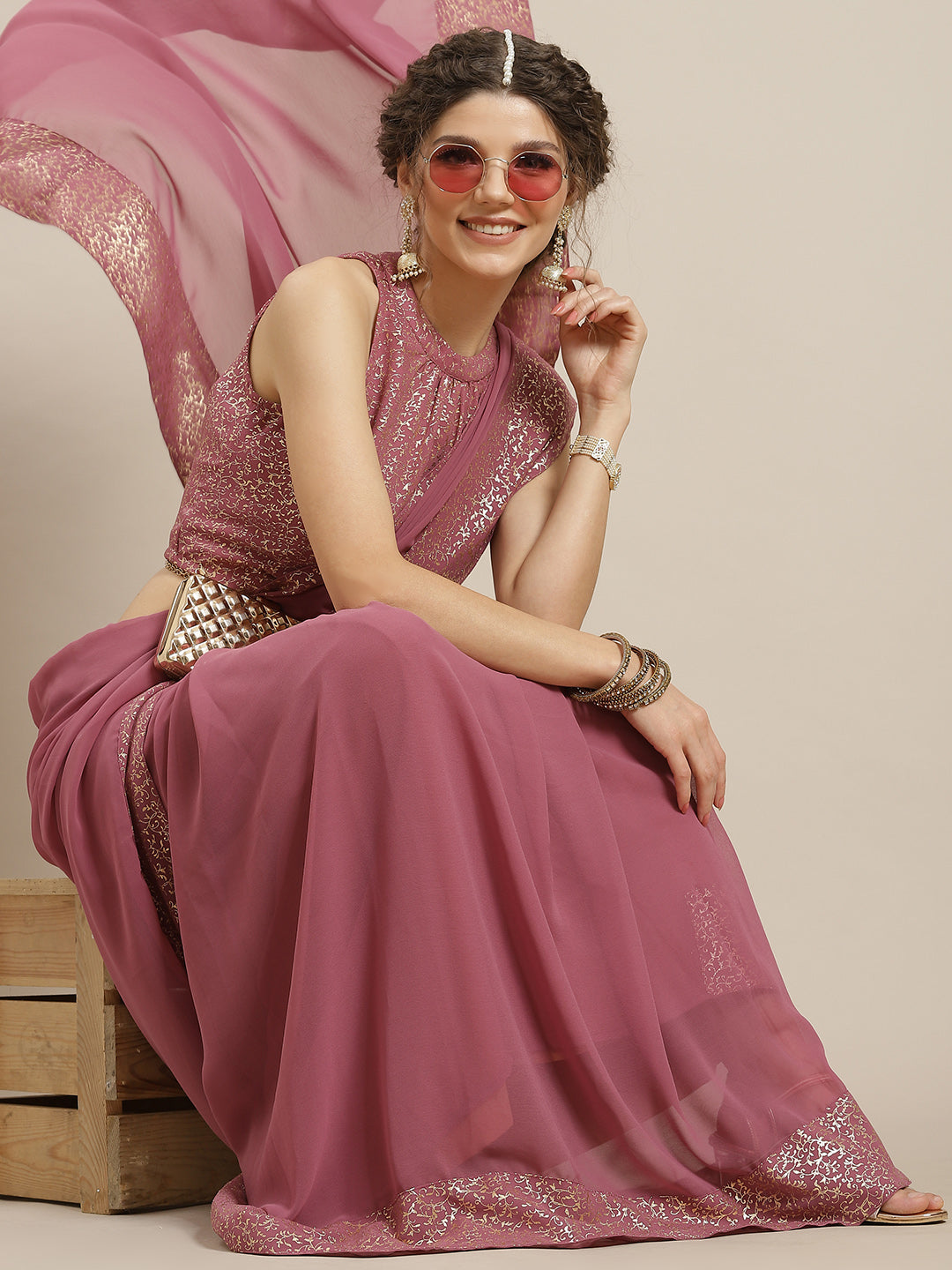 Mauve Foil Printed Saree With Blouse - Elganza