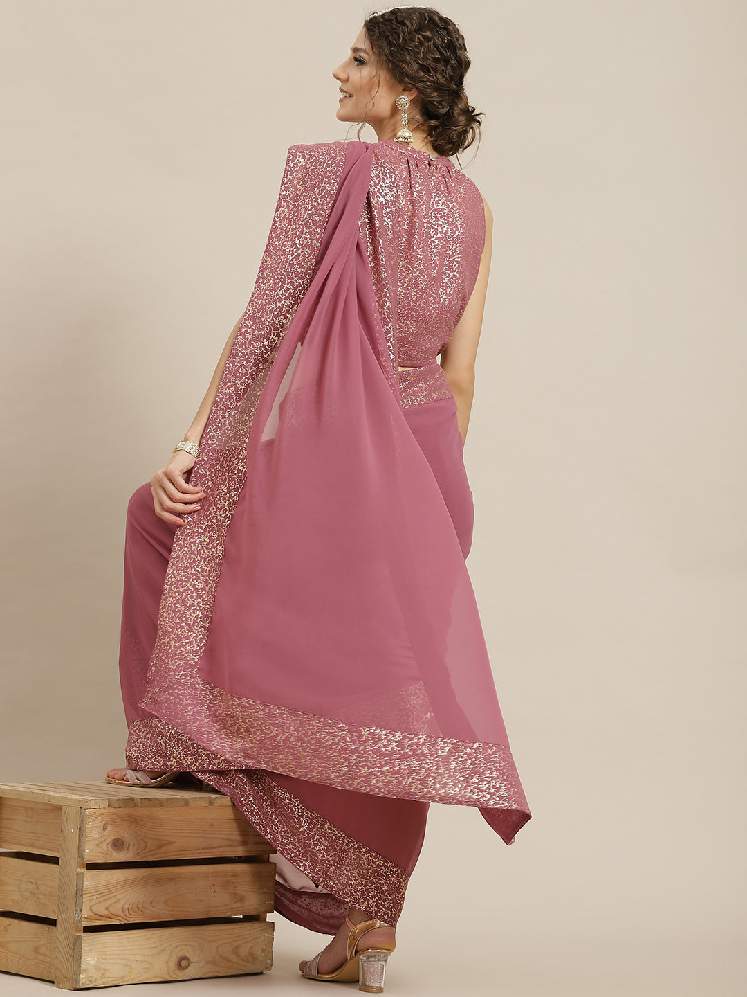 Mauve Foil Printed Saree With Blouse - Elganza