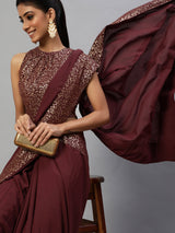 Burgundy Foil Printed Saree With Blouse - Elganza