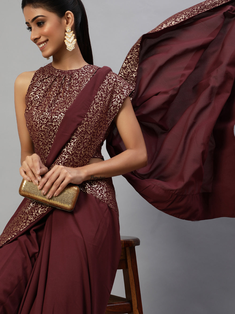 Burgundy Foil Printed Saree With Blouse - Elganza