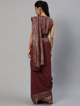 Burgundy Foil Printed Saree With Blouse - Elganza