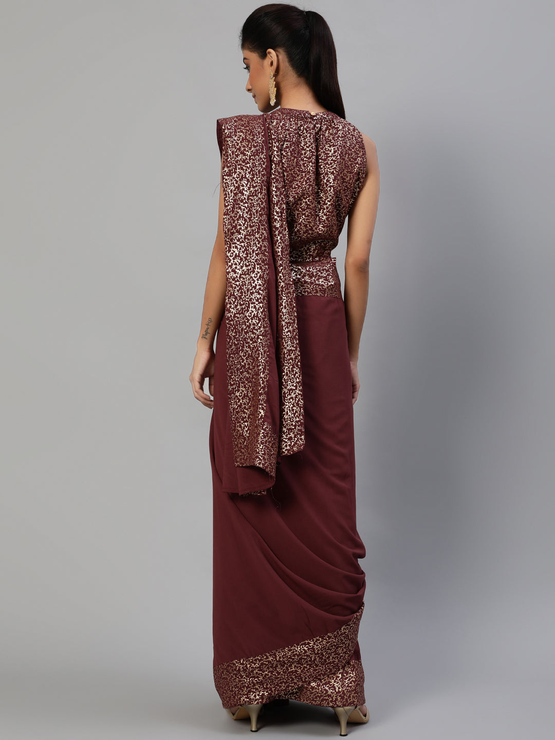 Burgundy Foil Printed Saree With Blouse - Elganza