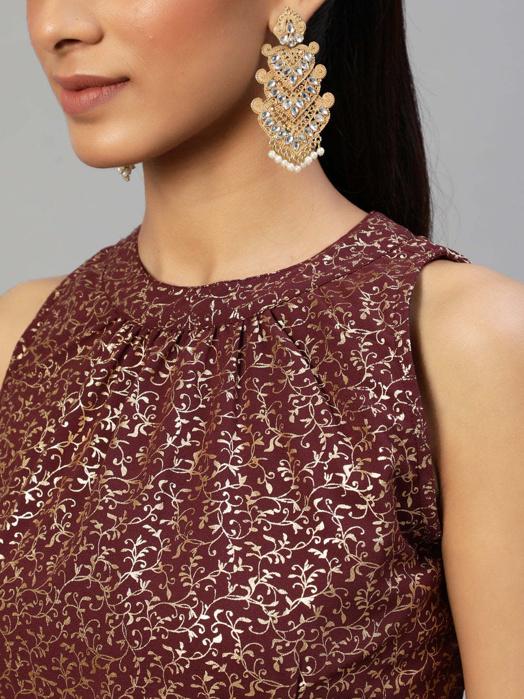 Burgundy Foil Printed Saree With Blouse - Elganza