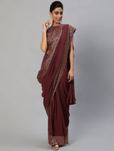 Burgundy Foil Printed Saree With Blouse - Elganza