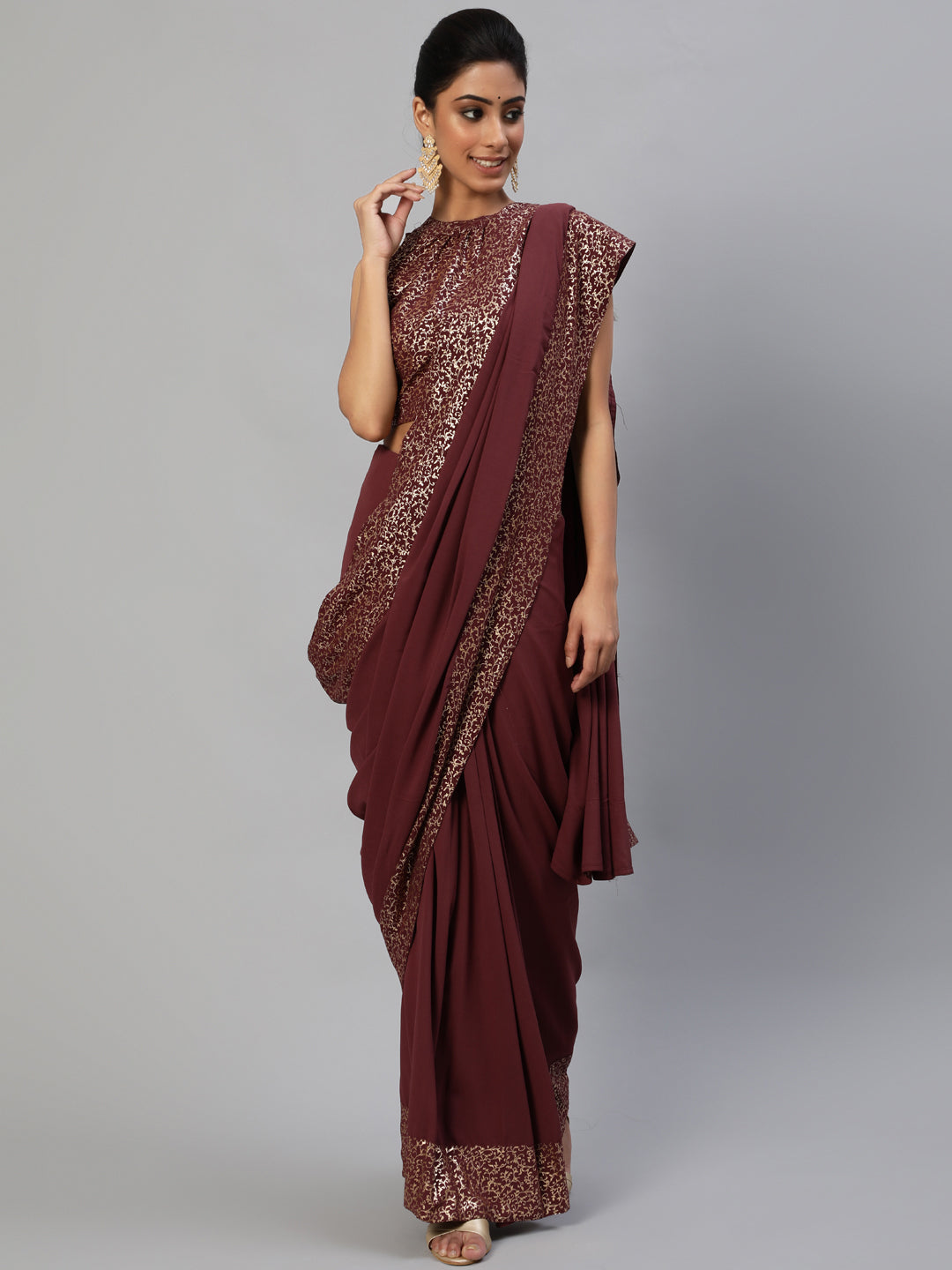 Burgundy Foil Printed Saree With Blouse - Elganza