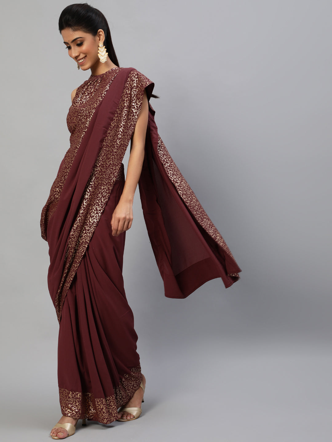 Burgundy Foil Printed Saree With Blouse - Elganza