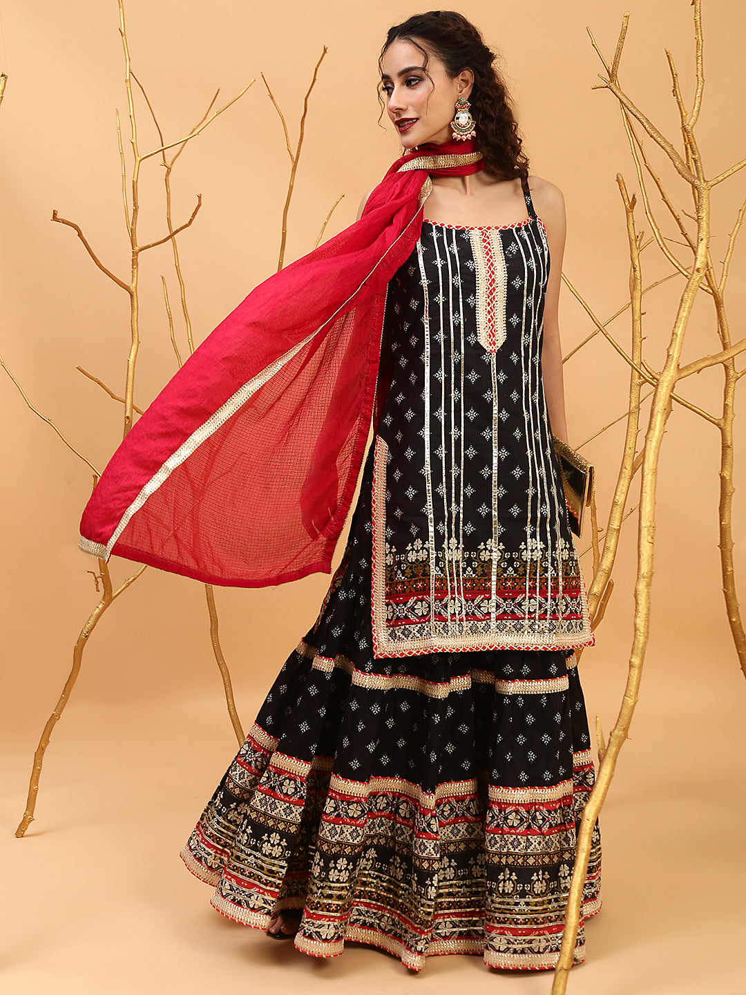 Black Printed Kurta Sharara With Dupatta - Elganza