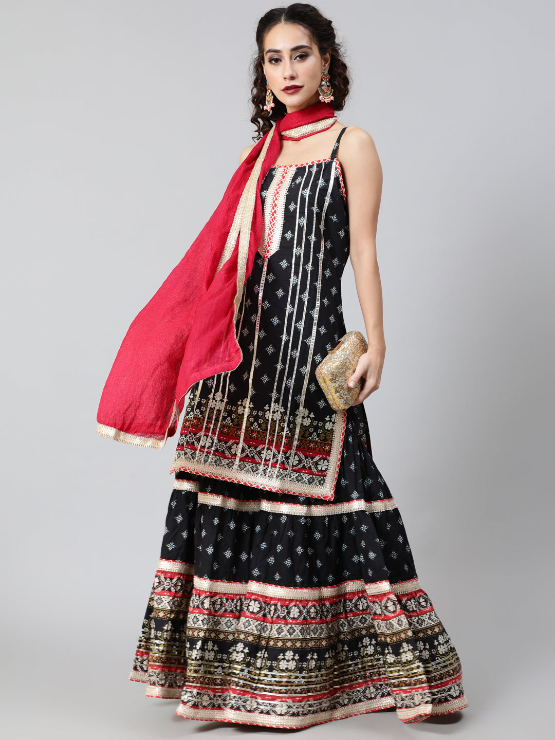 Black Printed Kurta Sharara With Dupatta - Elganza
