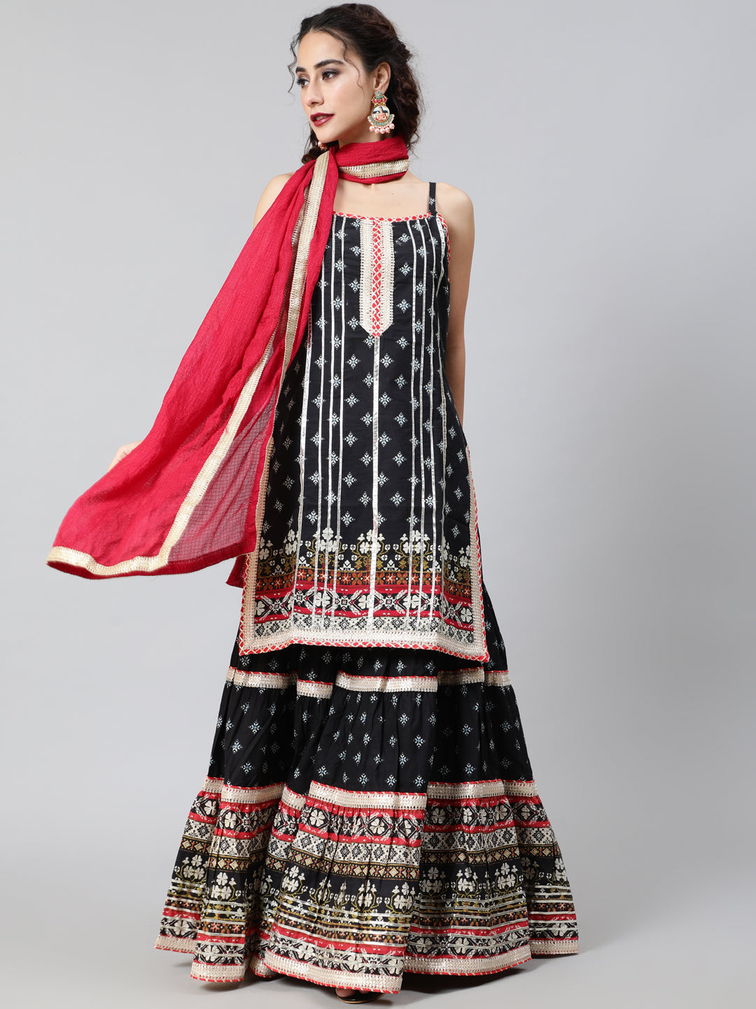 Black Printed Kurta Sharara With Dupatta - Elganza