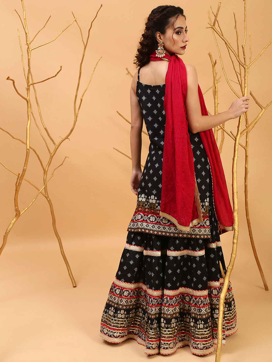 Black Printed Kurta Sharara With Dupatta - Elganza